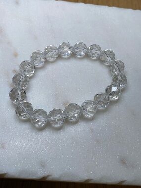 Faceted Clear Quartz Bracelet • High-Clarity Prismatic Crystal Ball Stretch